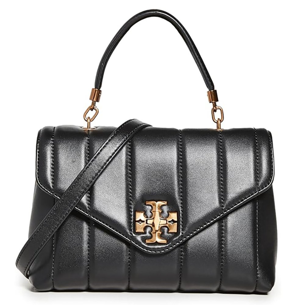 Tory Burch Kira Small Leather Quilted Handbag Satchel Bag Black Gold Purse NEW